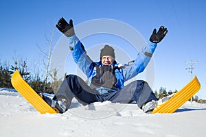 Middle-aged man falling to snow
