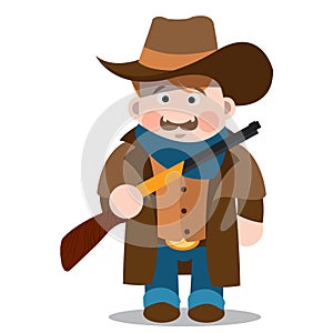 Middle aged man with a gun in jeans, a long coat and a cowboy hat. Cartoon character