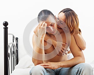 Middle-aged man has problem, wife comforting him