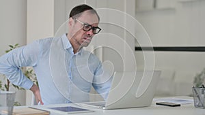 Middle Aged Man having Back Pain while using Laptop in Office