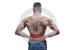 Middle aged man with pain in the kidneys, muscular male body, studio isolated shot on white background