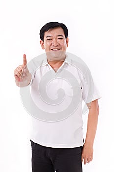 Middle aged man raising 1 finger, no.1 gesture