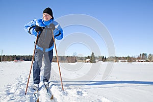 Middle-aged man skiing