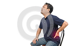 Middle aged man suffering from backache isolated on white background