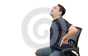 Middle aged man suffering from backache isolated on white background