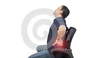 Middle aged man suffering from backache isolated on white background, Lower back pain