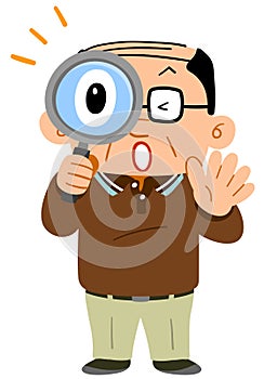 Middle-aged man unexpectedly amazing peeping through the magnifying glass photo
