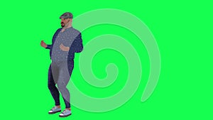 Middle aged man walking with full hands from right angle on green screen