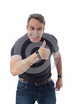 Middle-aged man wears black t-shirt. He is gesturing with his th
