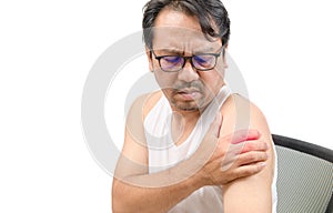 A middle aged man in white veat suffering from neck and shoulder pain isolated on white