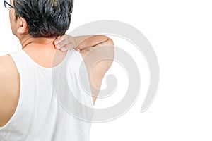 A middle aged man in white vest feeling exhausted and suffering from neck pain isolated