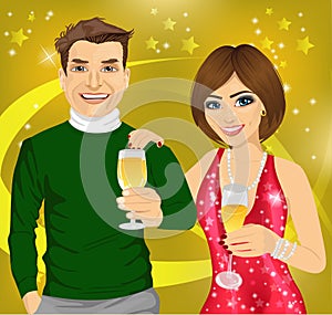 Middle-aged man and young woman celebrate with wine glasses in their hands