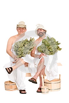 Middle-aged men in Russian sauna bathing costumes