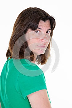 Middle aged pretty positive woman smiling posing looking at camera over white background