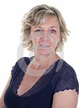 Middle aged senior lady mature woman blonde on white background