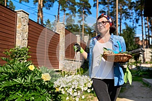 Middle-aged woman in backyard with gardening tools and blooming petunia in pot