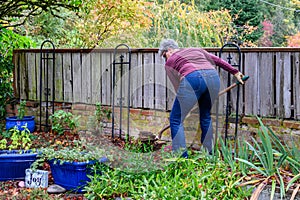 Middle aged woman digging a hole in a front yard garden in preparation for installing a new bush