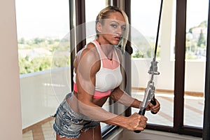 Middle Aged Woman Doing Exercise For Triceps