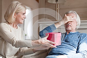 Middle aged woman giving present to man