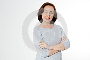 Middle aged woman healthy and happy lifestyle after menopause. Beautiful close up portrait mid age brunette woman. female isolated