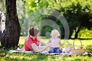 Middle aged woman and her little grandson having a picnic