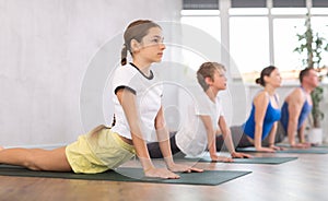 Middle-aged woman, man, preteen girl and boy practicing Cobra Pose or Bhujangasana on mats during family Hatha yoga