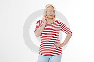 Middle-aged woman posing on white, Snap shot of a cheerful blonde, side pose. White background