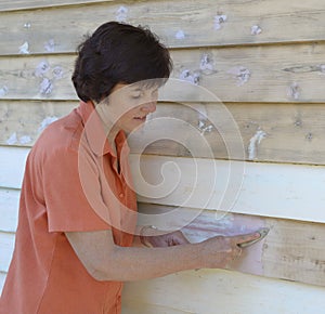 Middle-aged Woman Repairing Weatherboards with Putty.