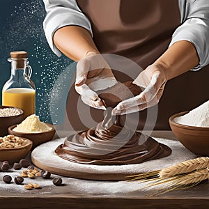 Middle-aged woman\'s hands kneading dark chocolate and cereals, flour, dough, oil