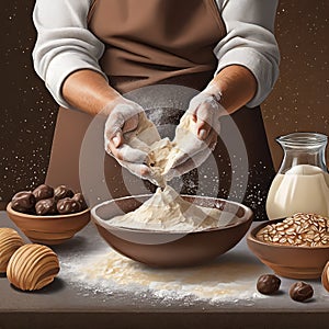 Middle-aged woman\'s hands kneading dark chocolate and cereals, flour, dough, oil