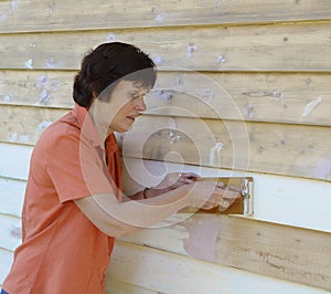 Middle-aged Woman Sanding Paint From Weatherboards.