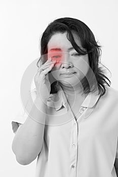 Middle aged woman with vision issue, myopia, hyperopia