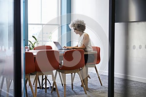 Middle aged woman working alone in office boardroom