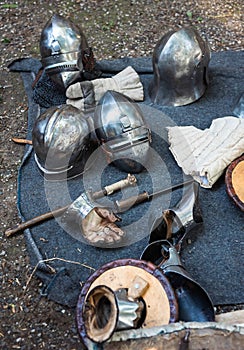 Middle ages armor accessories on ground