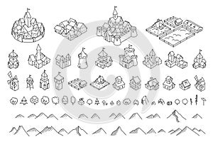 Middle Ages city map kit. Buildings set. Medieval fantasy sketch. Mountains and trees. Selection for board game. Hand
