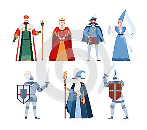 Middle ages fairy tale people characters, flat vector illustration isolated.