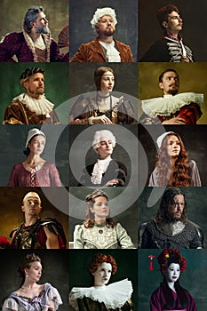 Middle ages history. Portrait of men and women, royal people in period attire against vintage green background.