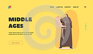 Middle Ages Landing Page Template. Medieval Monk with Old Parchment, Historical Personage Wear Long Robe with Hood