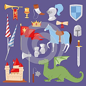 Middle Ages medieval knight Heraldic royal crest elements vintage knighthood castle vector illustration
