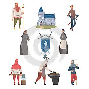 Middle Ages with Medieval People Characters, Coat of Arms and Fortress Vector Illustration Set