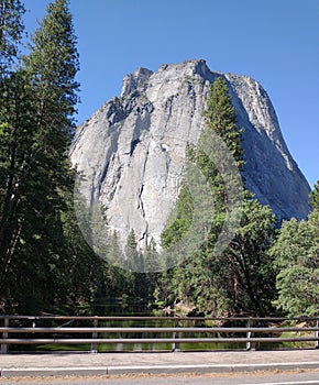 Middle Cathedral Rock seen behind green sugar pine trees in Yosemite National Park, California