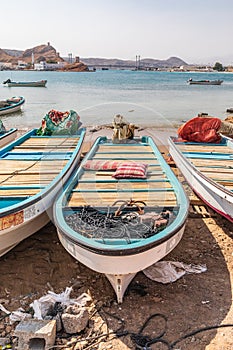 Fishing boats on the beach in the harbor of Sur, Oman