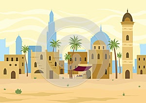 Middle east. Arabic desert landscape with traditional mud brick houses. Ancient building on background. Flat vector