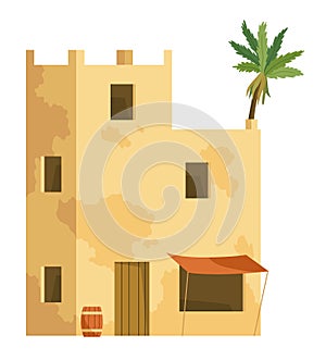 Middle east. Arabic desert with traditional mud brick houses. Ancient building. Flat vector illustration