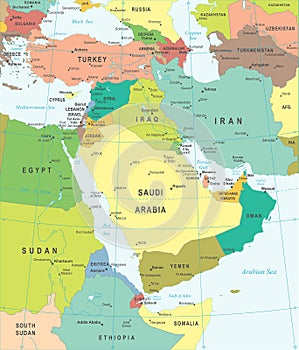 Middle East and Asia - map - illustration.