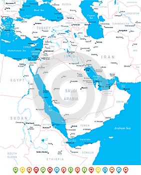 Middle East and Asia - map, navigation icons - illustration.