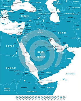 Middle East and Asia - map and navigation labels - illustration.