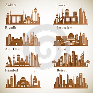 Middle East Cities skylines set. Middle east landmarks vector silhouettes
