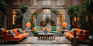 Middle east interior design of living room with orange sofa and green armchairs