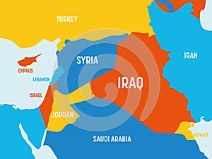 Middle East map - 4 bright color scheme. High detailed political map of Middle East and Arabian Peninsula region with